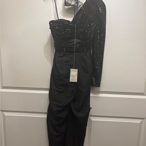 Self-Portrait Black Sequin One-Shoulder Jumpsuit